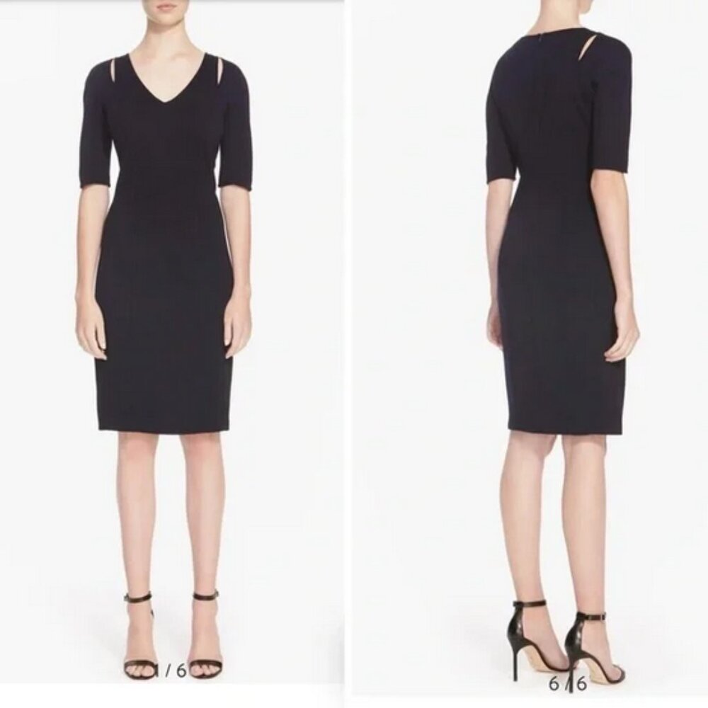 🌌 St. John Dark Navy Knit V-Neck Panel Dress | Elbow Sleeve Knee-Length Size L